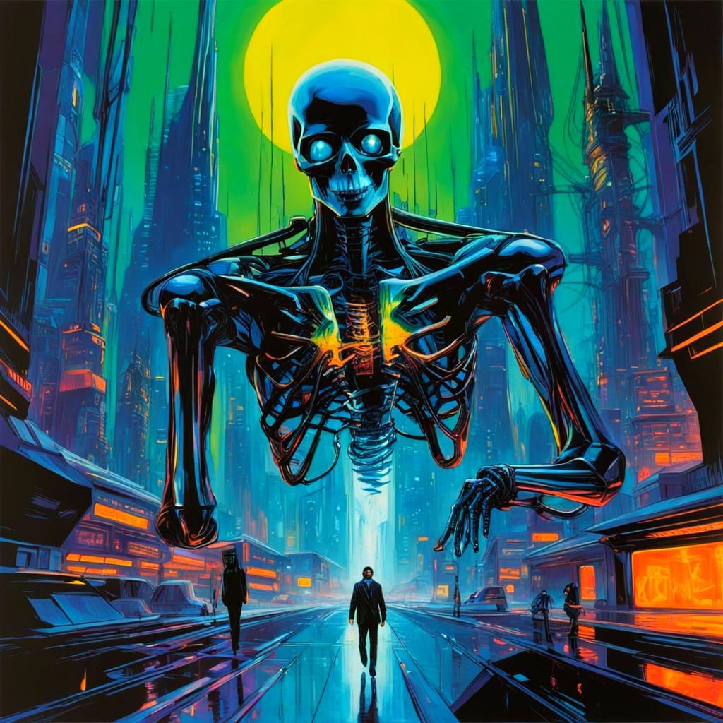 Skeletal Moonwalker Radiates Neon Mysticism in Hyper-Realist...