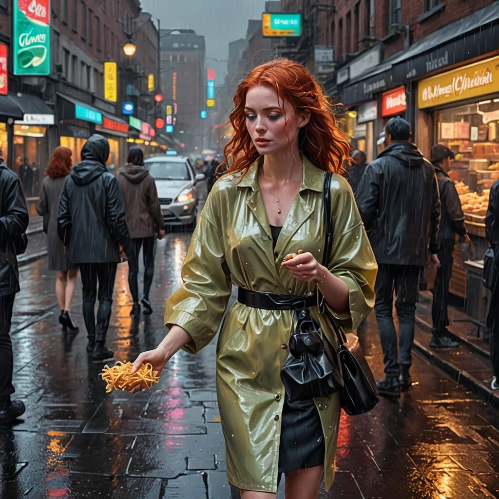 Redhead Pasta Vendor in Rainy Neon Cityscape