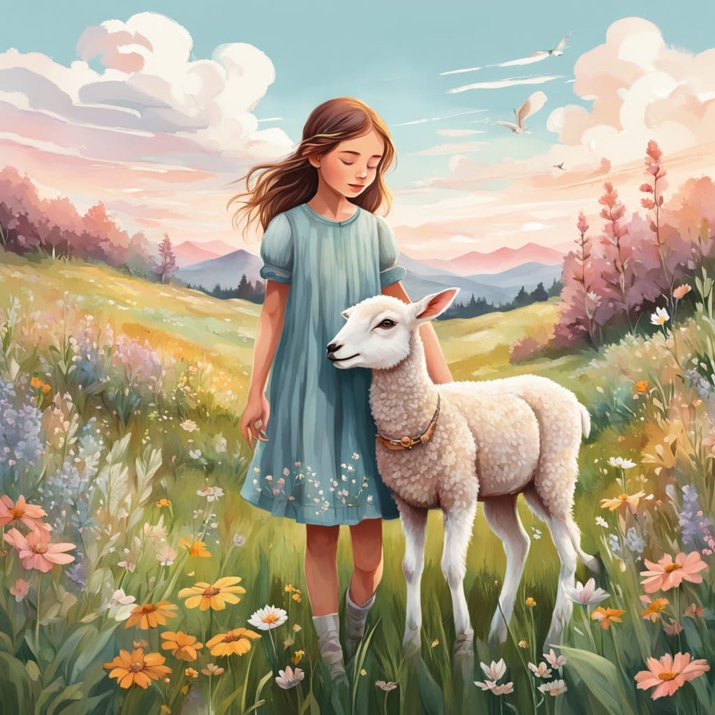 Whimsical Girl in a Field with Lamb and Fawn
