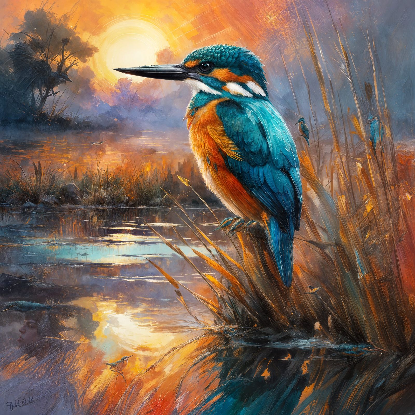 Epic Sunrise Kingfisher Portrait in Stunning Digital Matte P...
