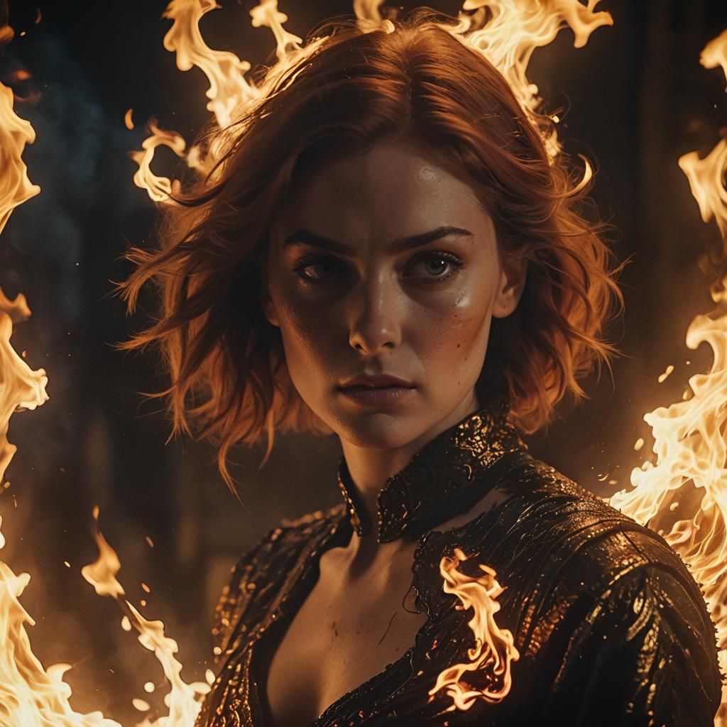 Alice Phoenix Rises from Flames: Cinematic Still
