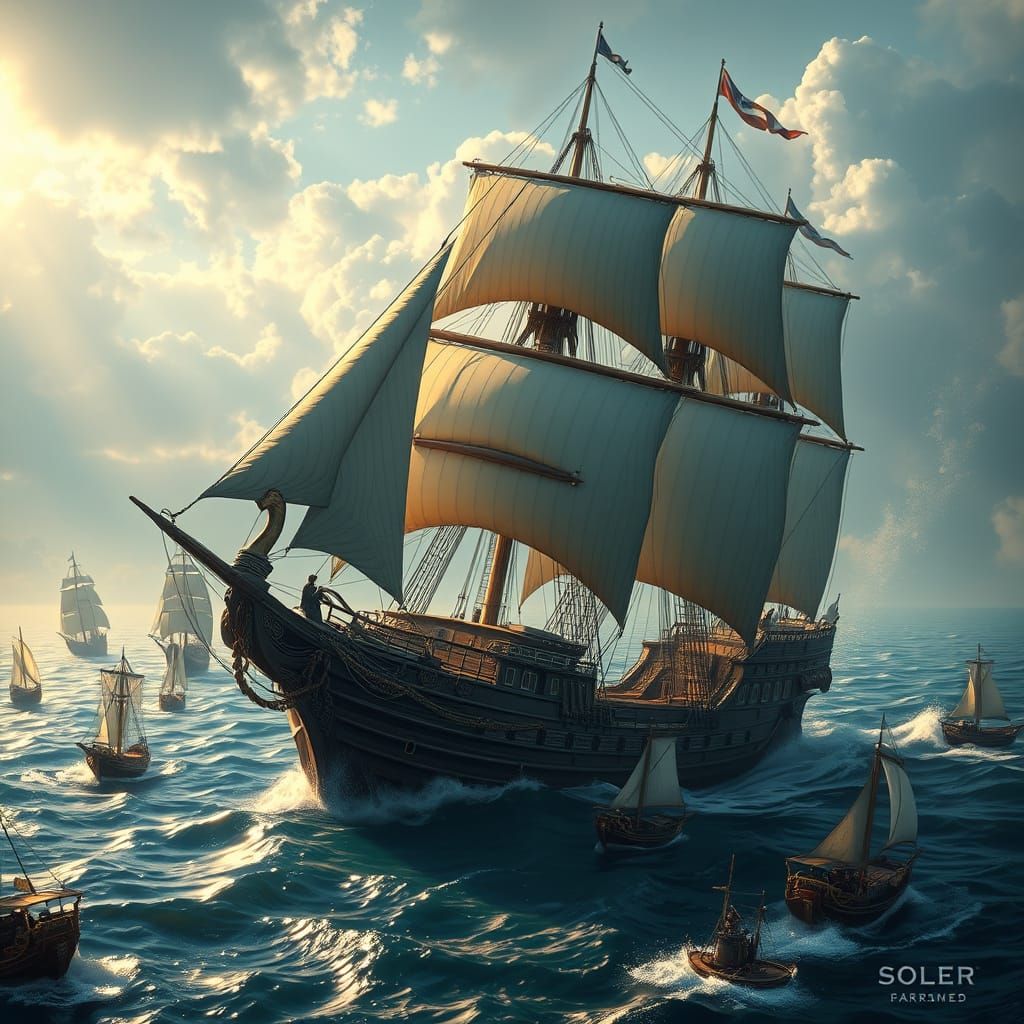 Majestic Ship Navigates Mystical Ocean in Detailed Matte Pai...