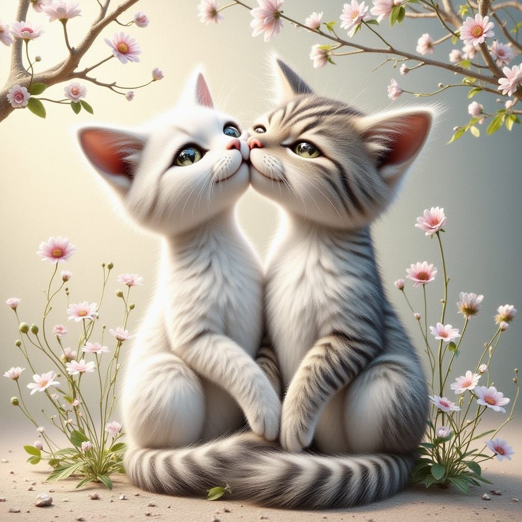 Two Cute Cats Cuddling in Beatrix Potter Style