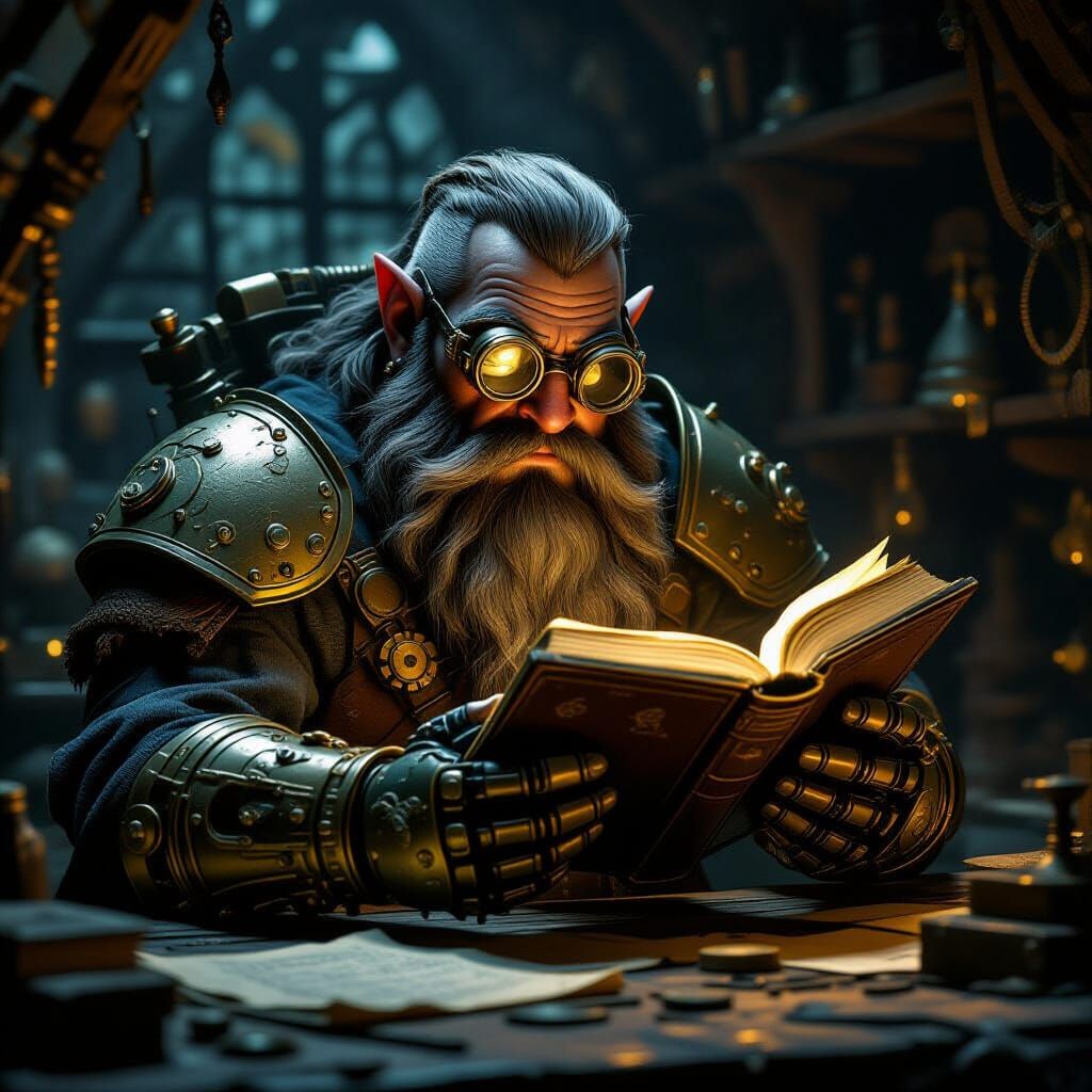 Dwarf Scholar With Mechanical Arm Poring Over Glowing Tome