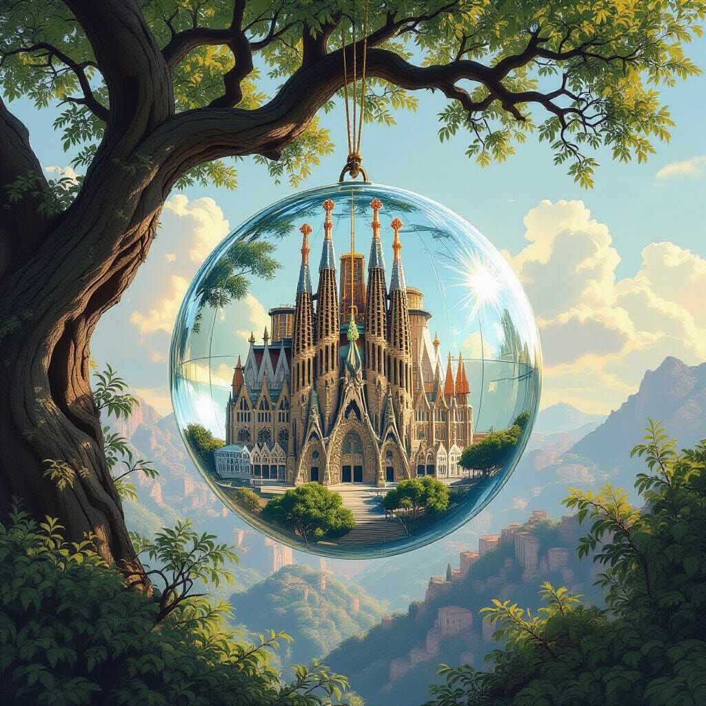 Sagrada Familia in Crystal Ball Tree: Surreal Digital Art