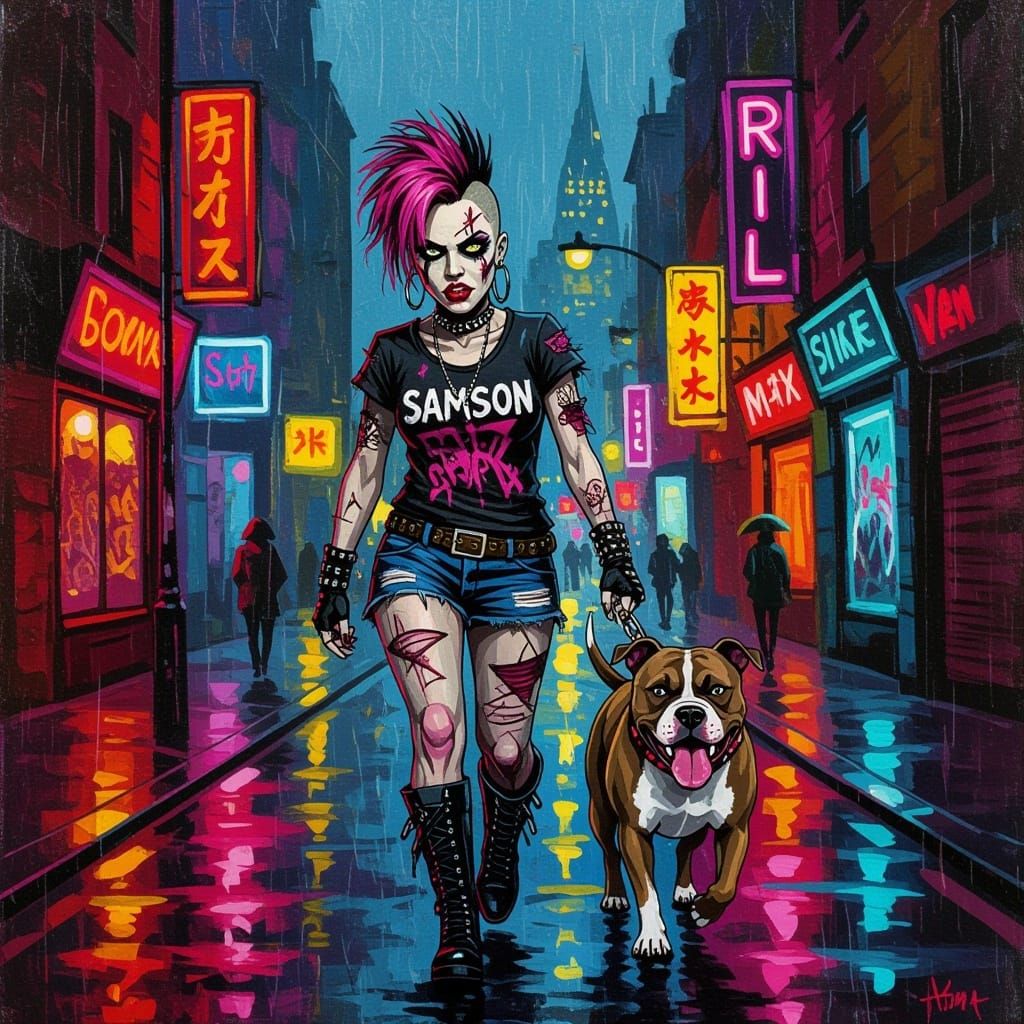 Grotesque Punk Rocker Woman with Pit Bull in London