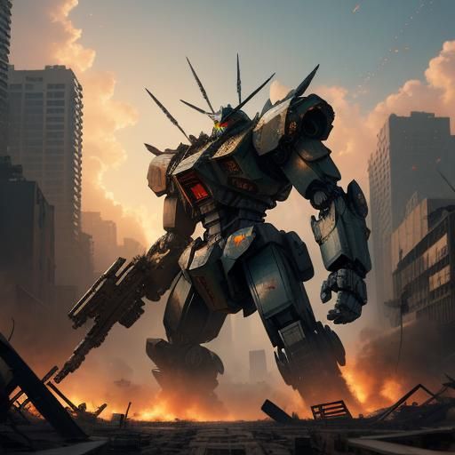 Epic Mech vs Kaiju Battle in Ruined City