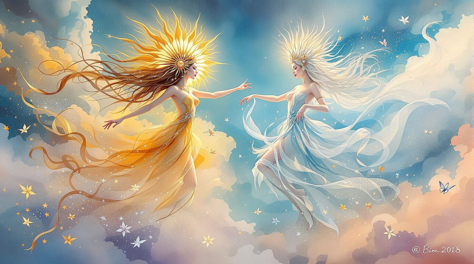 Pastel Airbrush Art: Ice and Sun Goddesses Dancing
