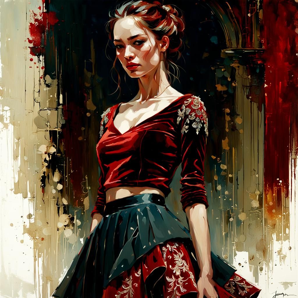 Young Woman in Red Velvet, Impasto Portrait