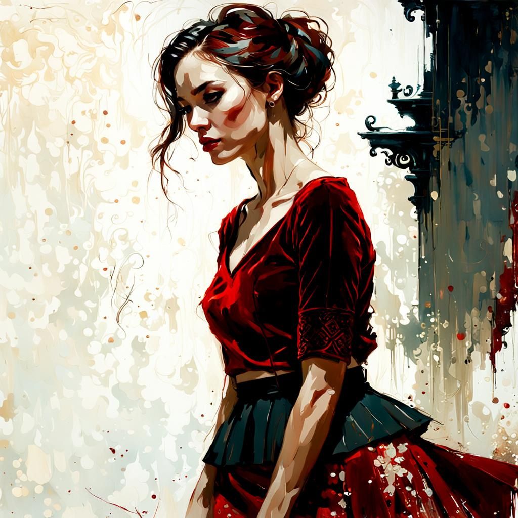 Portrait of Woman in Red Velvet, Impressionistic Style