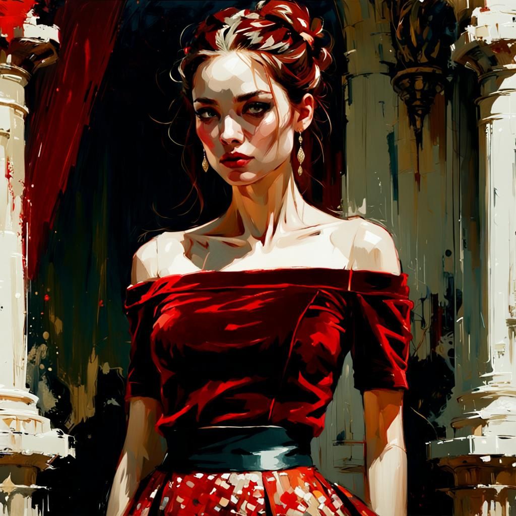 Young Woman in Red Velvet, Impressionist Portrait