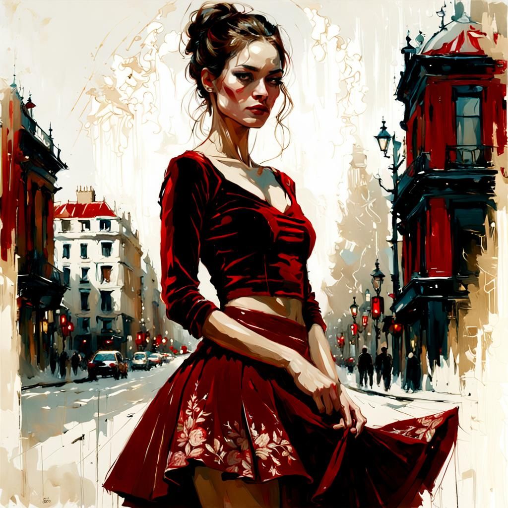 Elegant Woman in Red Velvet, Impasto Portrait