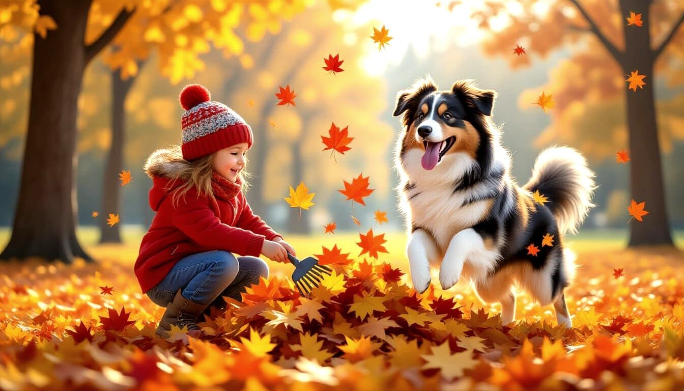 Autumn Memories of Children and Dog Jumping in Leaves