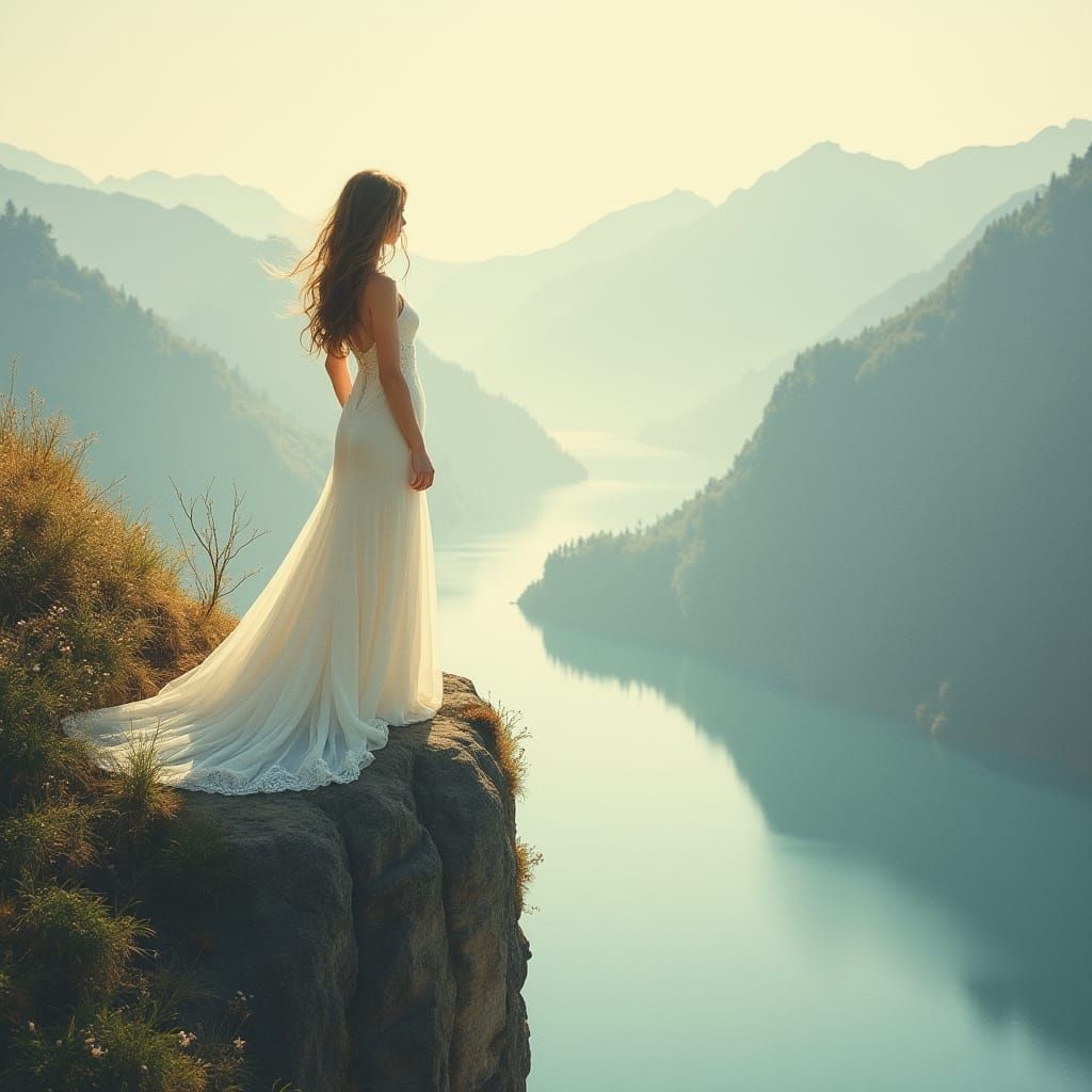 Girl in Wedding Dress on Misty Cliff, Watercolor Style