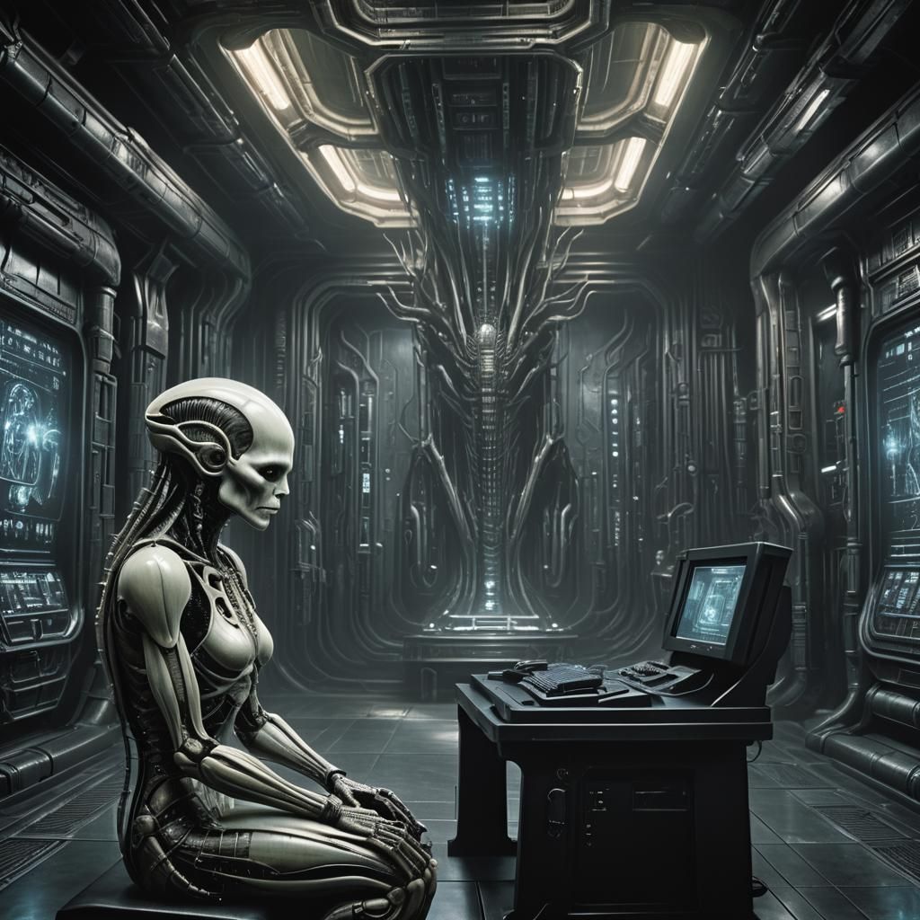 Biomechanical Humanoid in Giger-esque Dating Scene