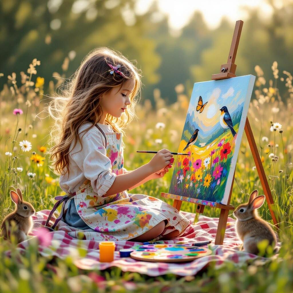 Girl Painting Nature in Magical Meadow