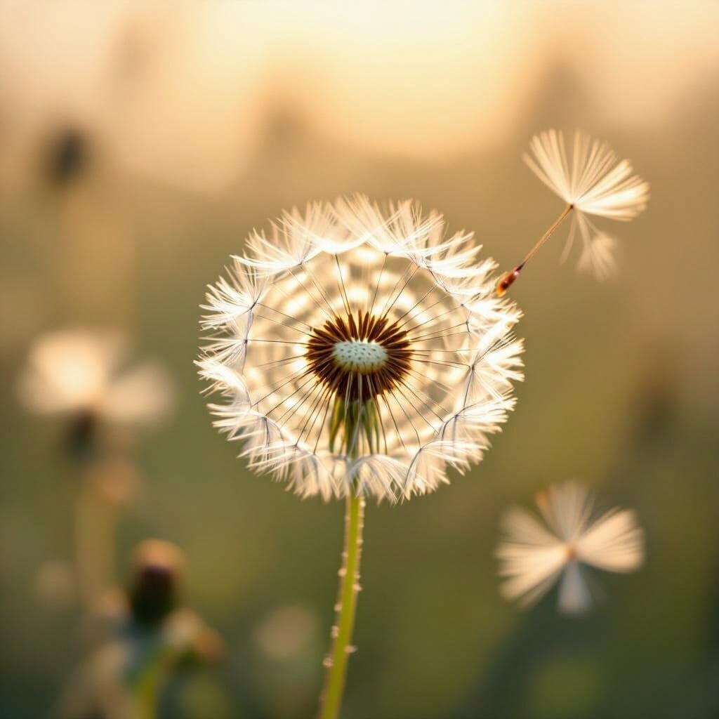 Dandelion Seed Drifting in Golden Light
