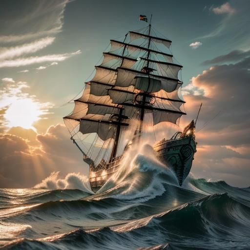 Engraved Copper Ship at Sunset