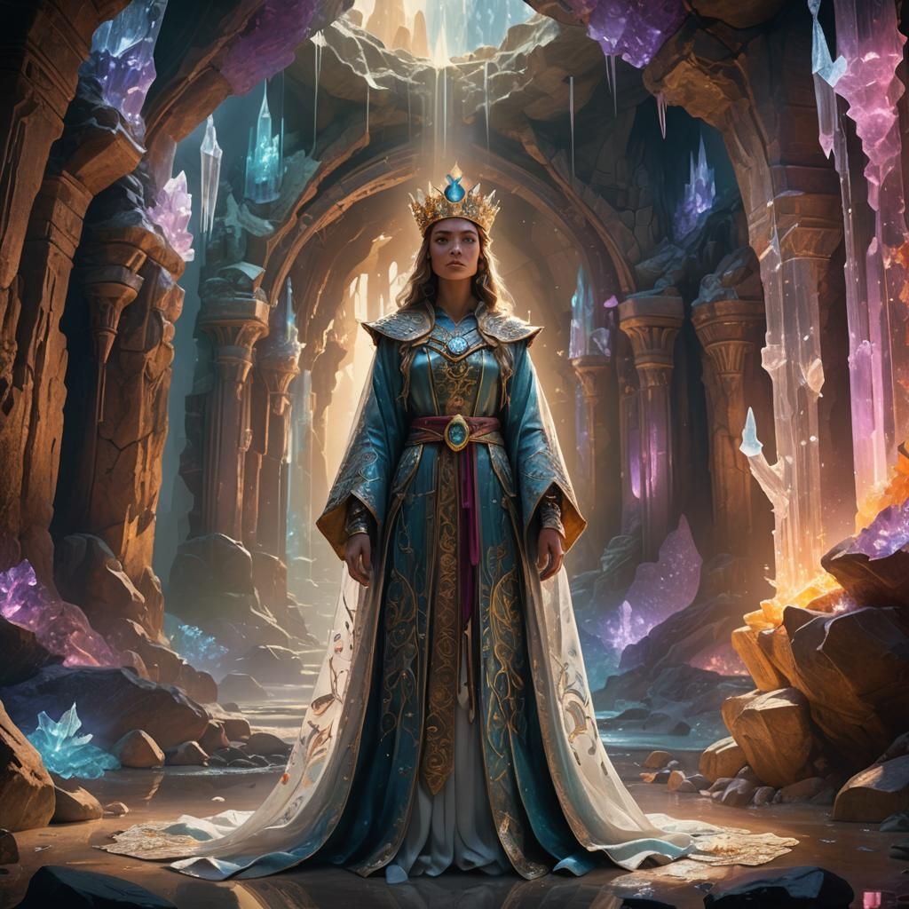 Mystical Queen in Crystal Cave, Fantasy Matte Painting