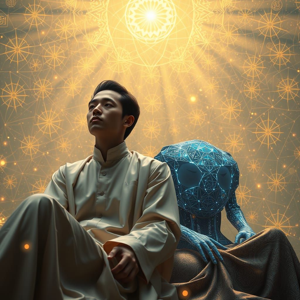 Serene Human and AI in Luminous Digital Garden