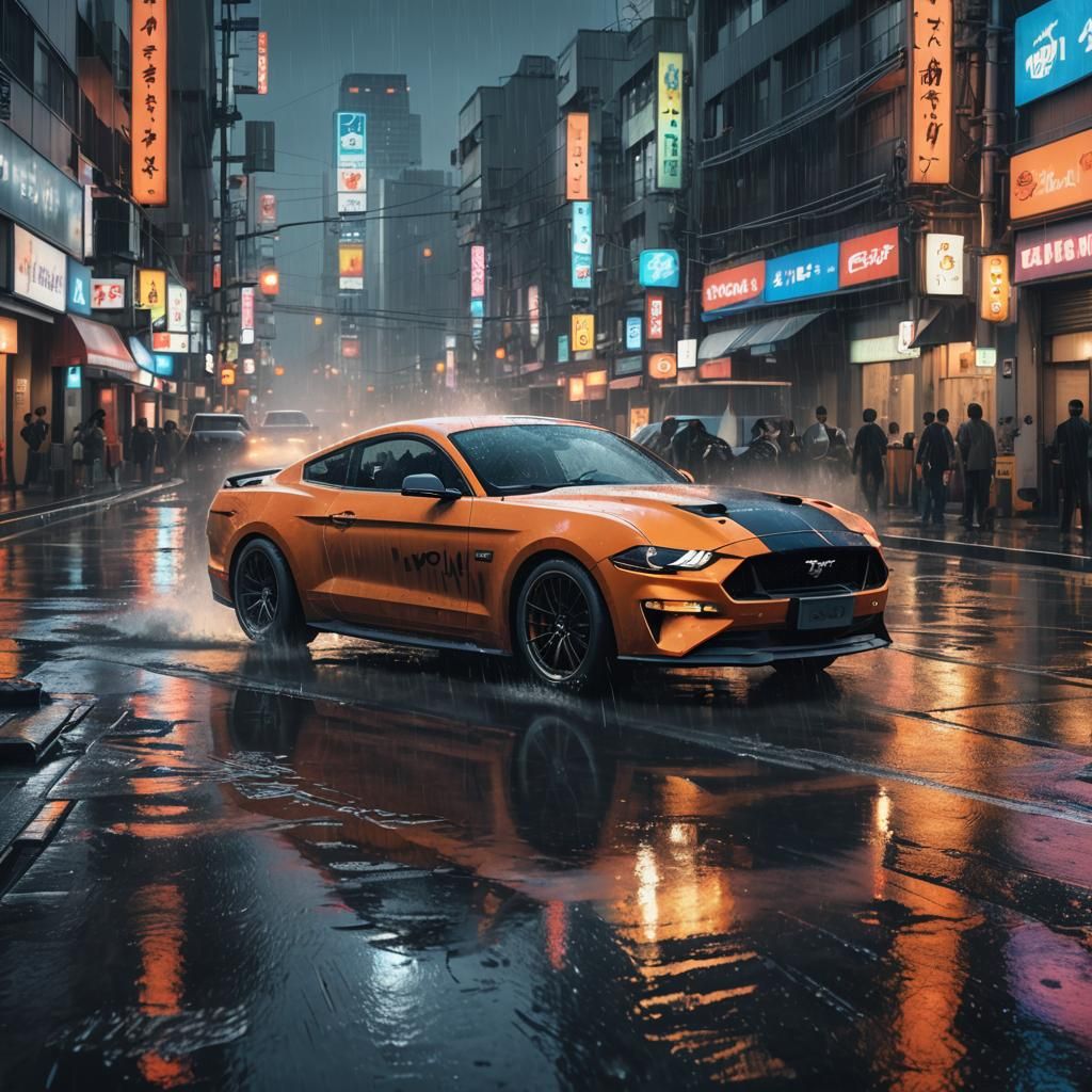 Mustang GT Drifting in Rainy Tokyo: Realistic Concept Art