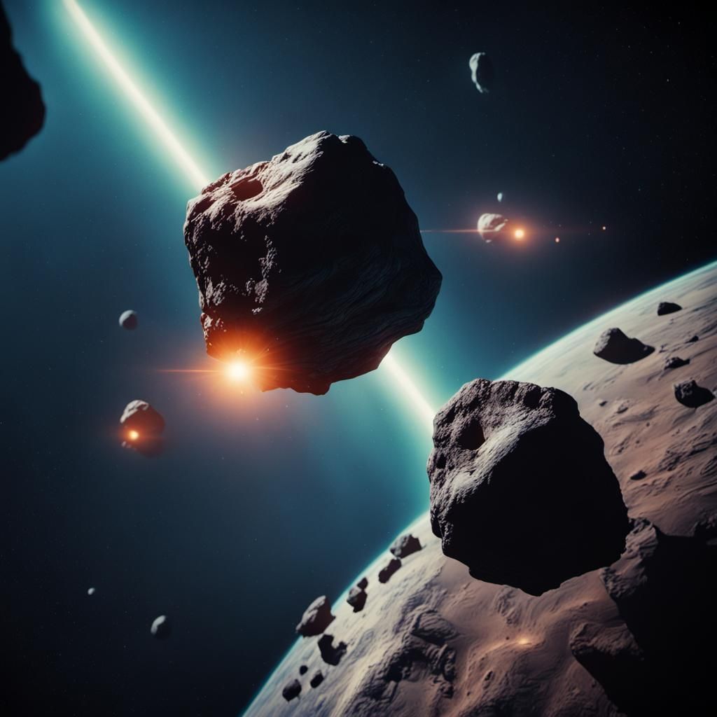 Asteroids Orbiting Gravity Well in Cinematic Style