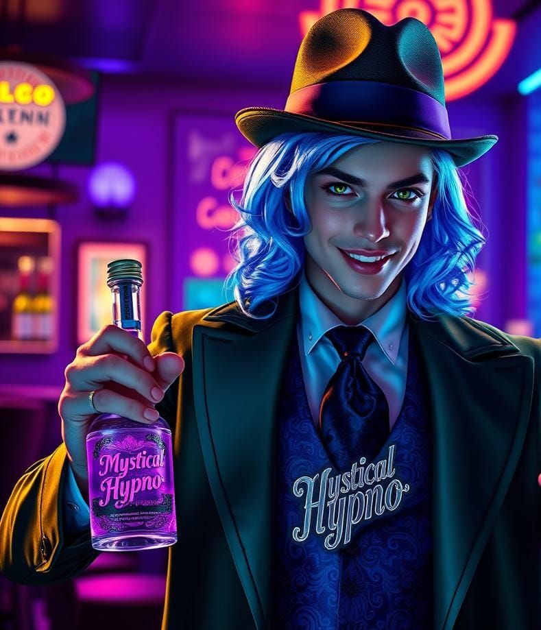 Charming Man with Neon Hair Holds Hypno Bottle