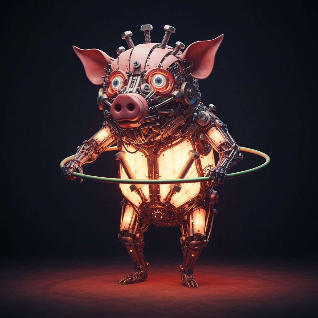 Illuminated Robot Pig Hula Hooping in Fantasycore Style
