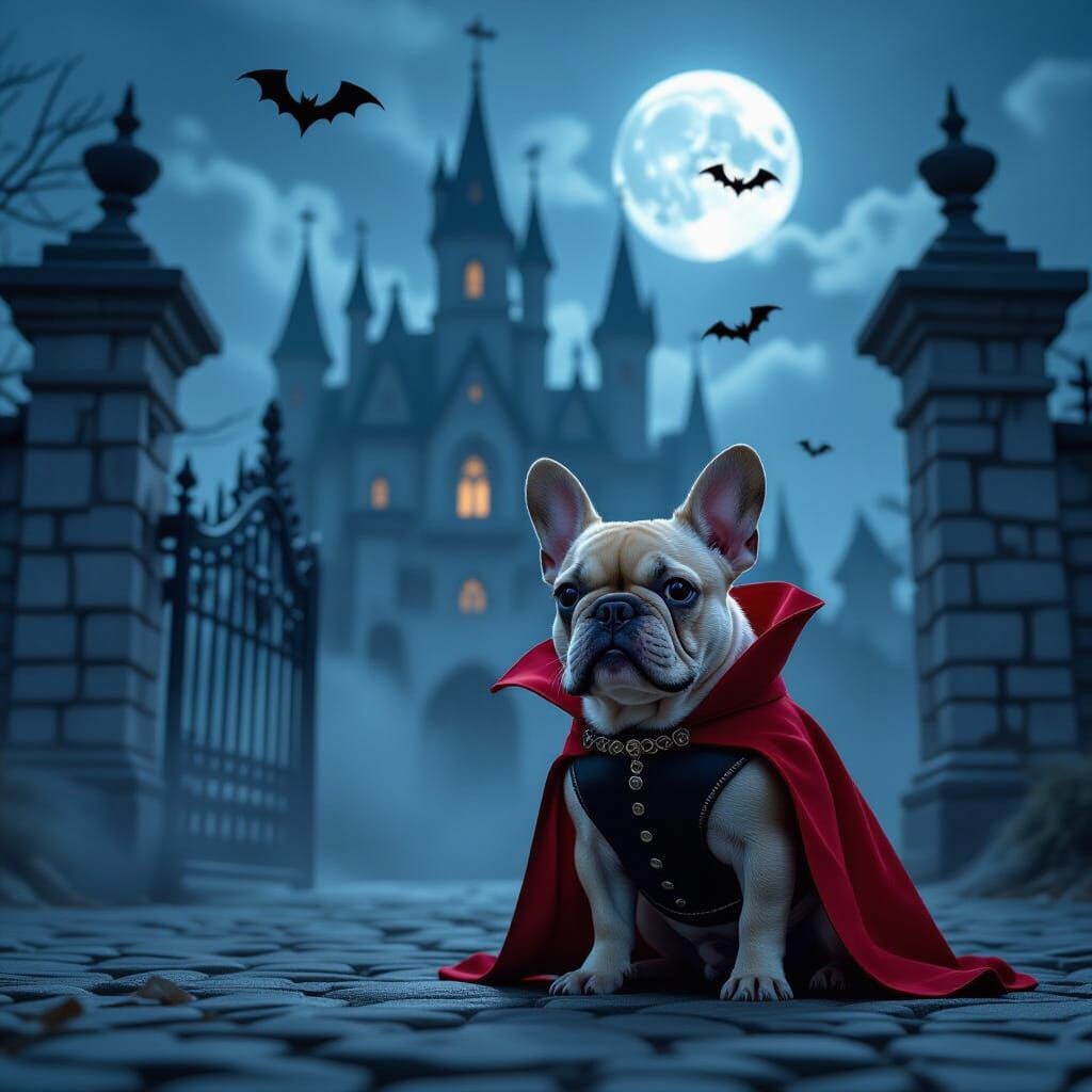 French Bulldog Vampire Before Gothic Castle