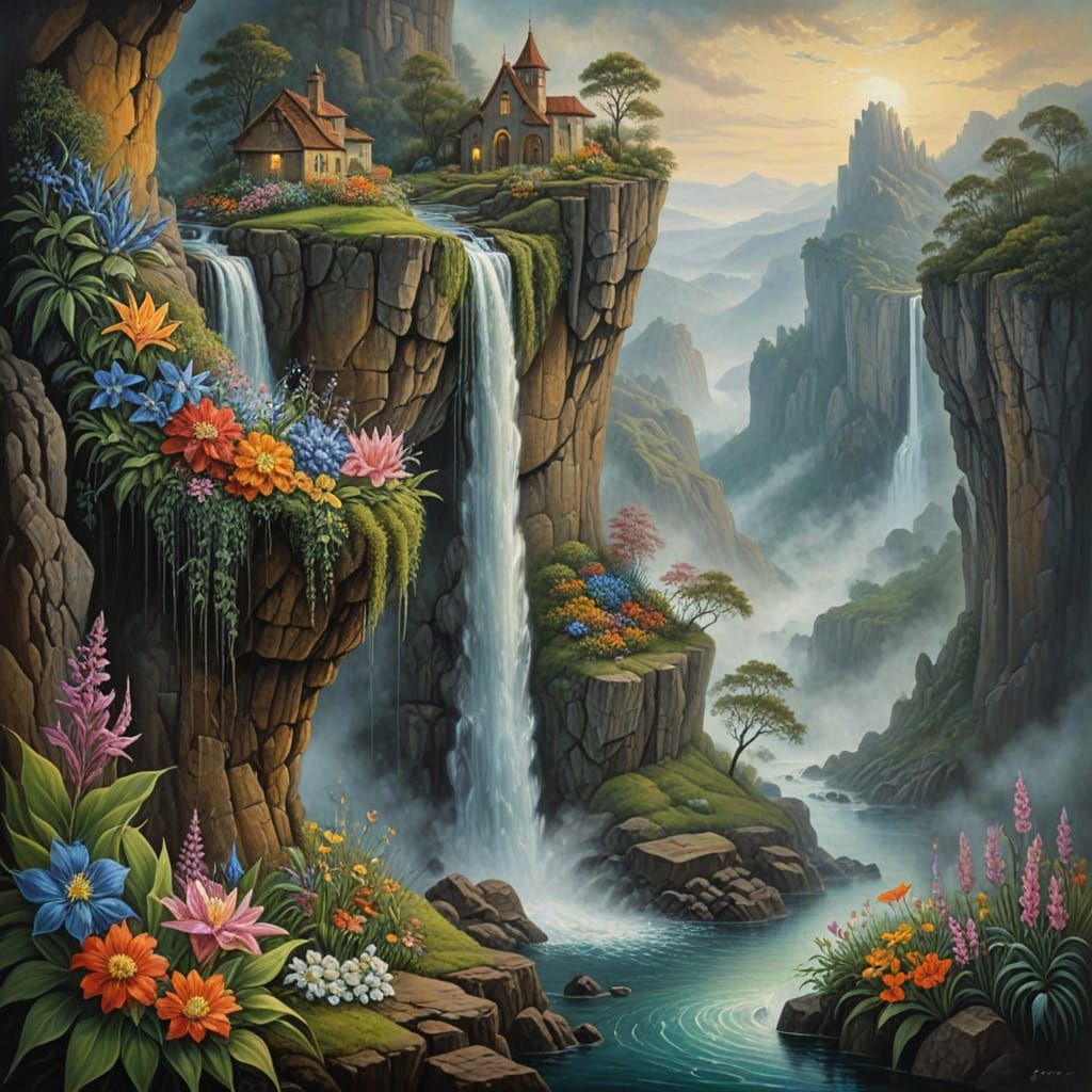 Surrealist Waterfall Dreamscape in Oil on Canvas