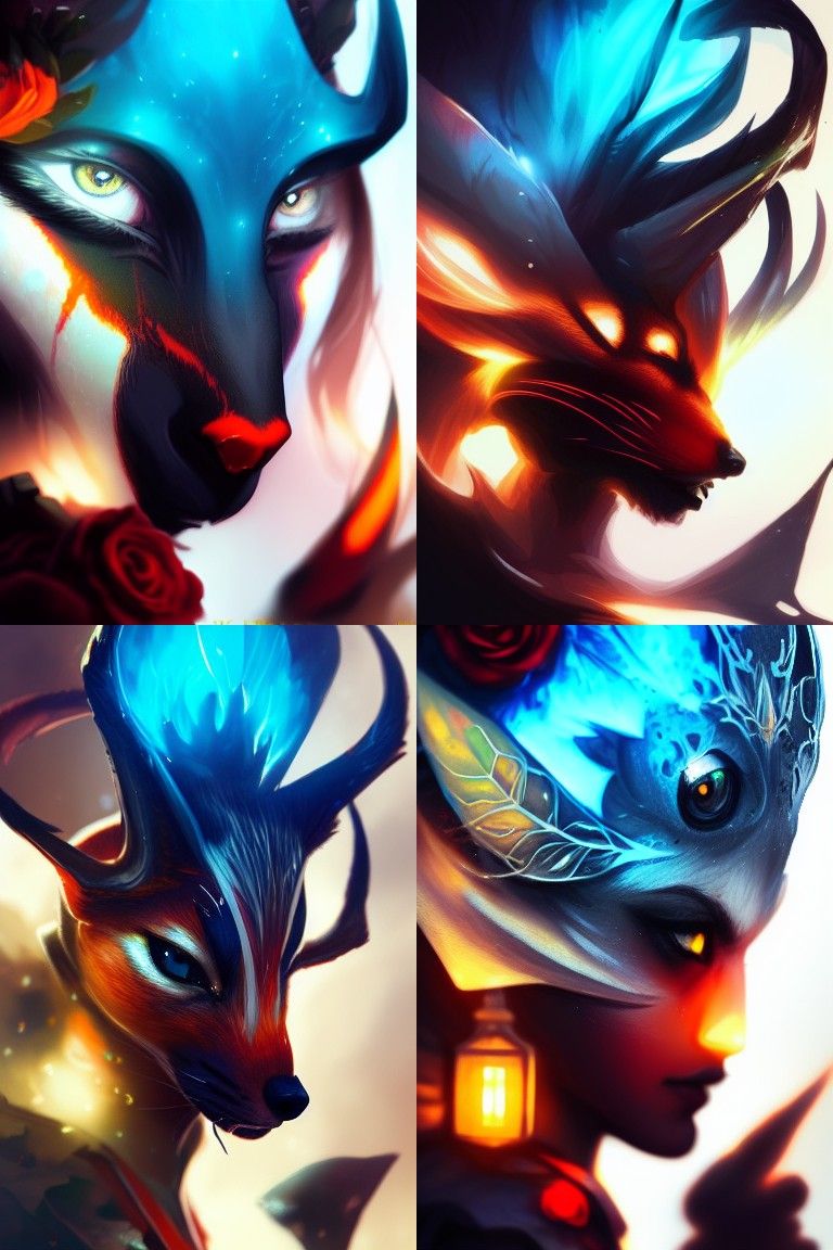 Beautiful Fire Fox Portrait with Roses, Digital Art