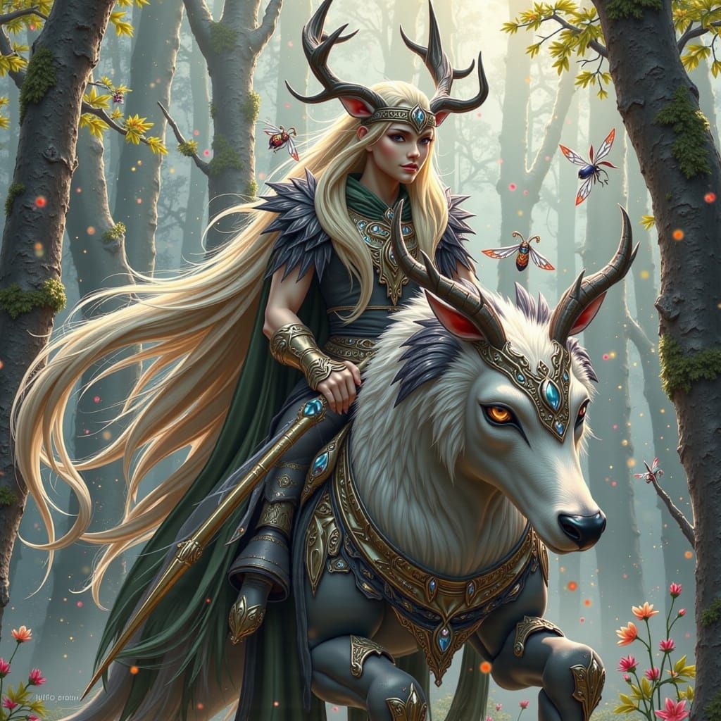 Fierce Wolfrider Elf Rides Majestic Wolf Mount in Lush Fores...