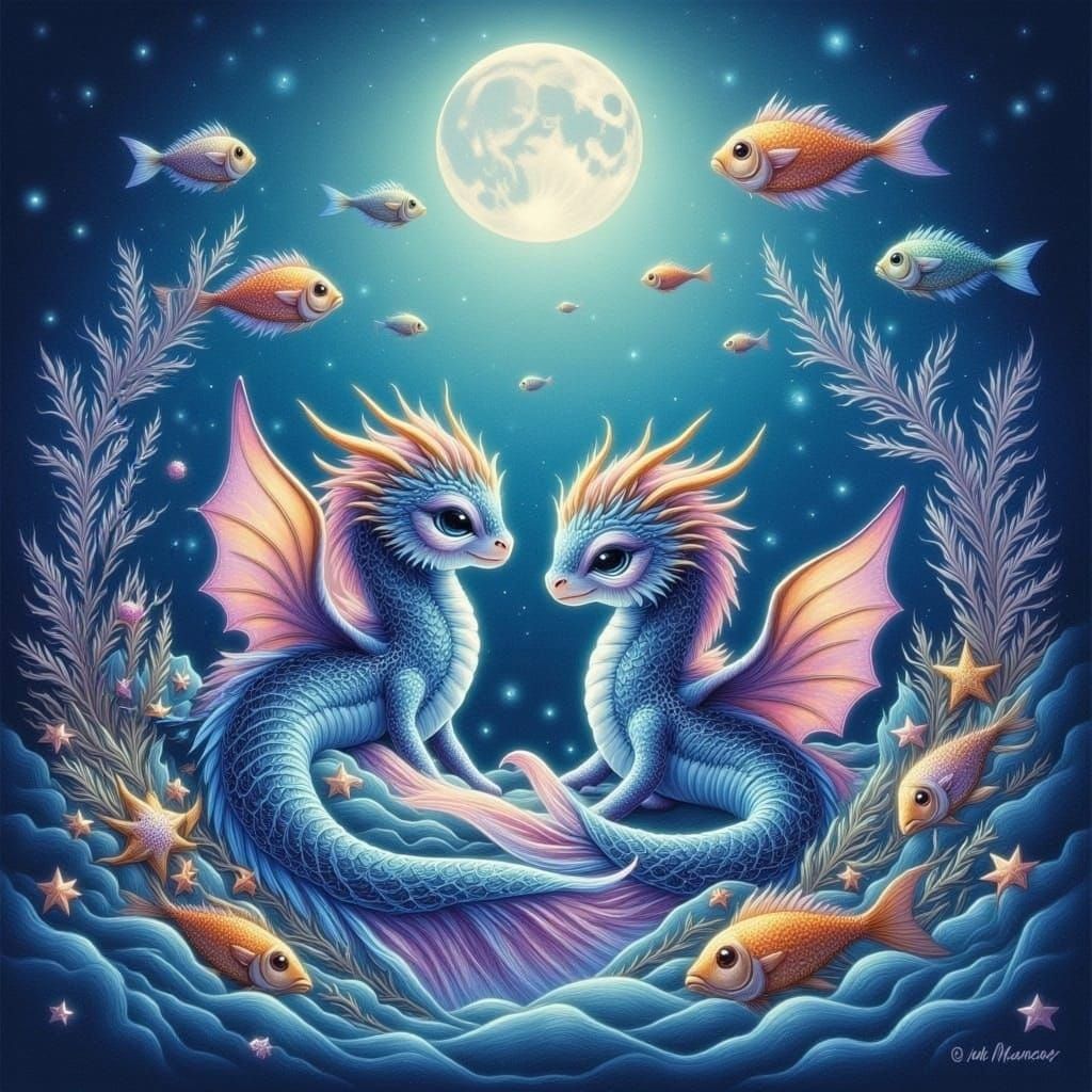 Pisces Dragon Hatchlings in Whimsical Watercolor Style