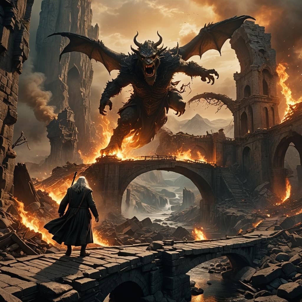Gandalf and Balrog Clash in Khazad-dum