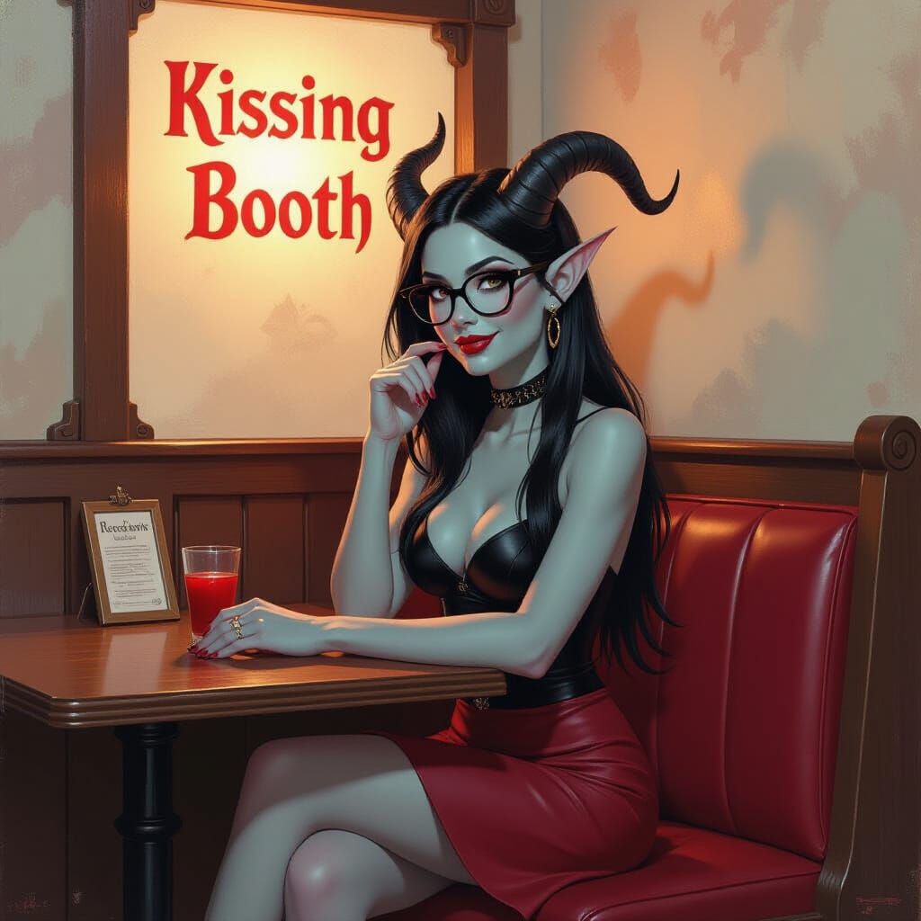 Tiefling at Kissing Booth in Fantasy Oil Painting Style