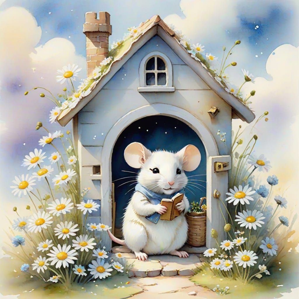 Delicate Watercolor Whimsy: Miniature Mouse in a Dreamy Gard...