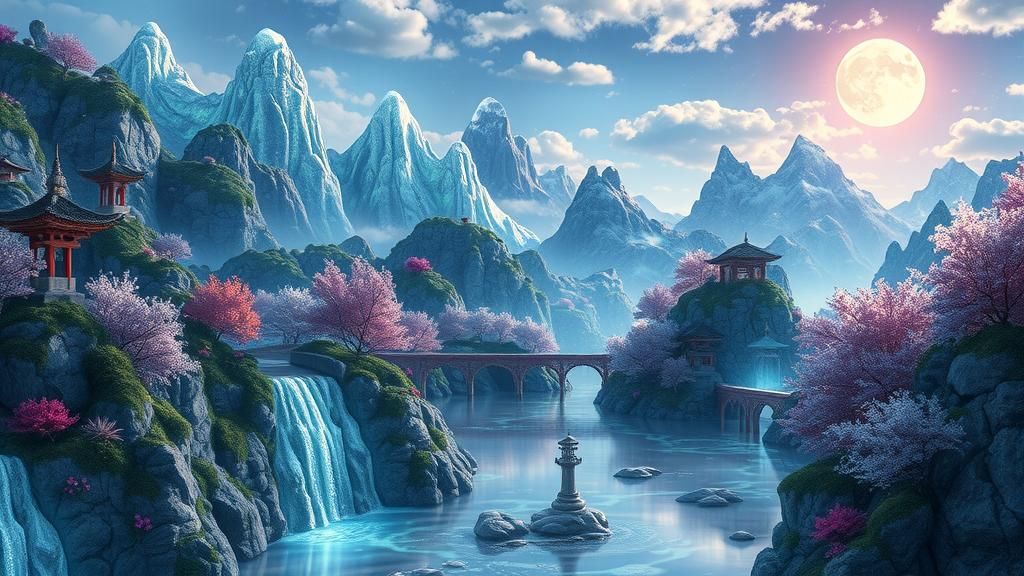 Ethereal Glass Dream: Japanese Landscape in Digital Art