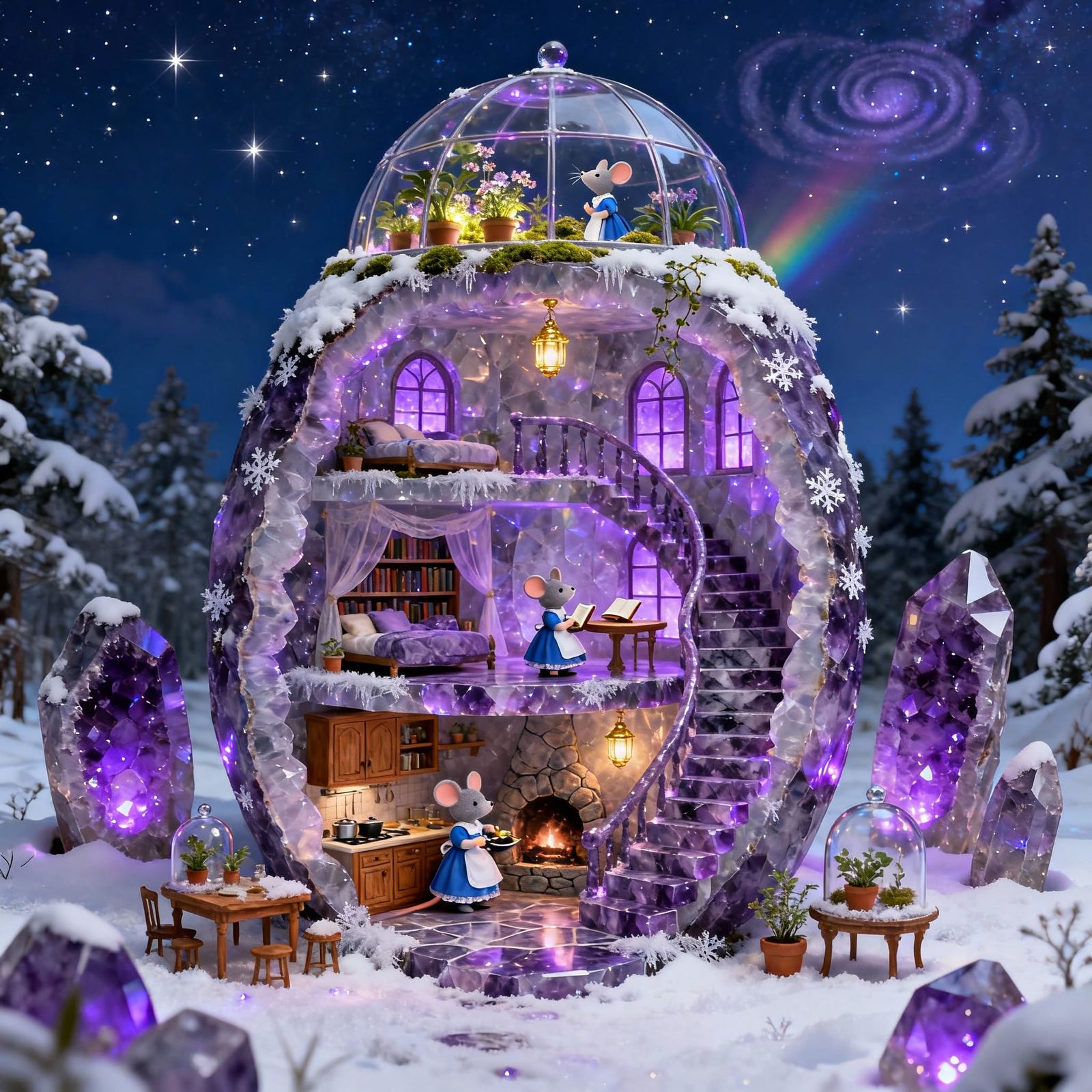 Magical Geode House in Snowy Forest with Bioluminescent Crys...
