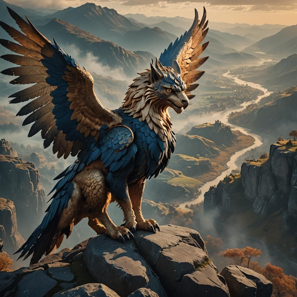 Majestic Griffin Cat Overlooking Misty Valley