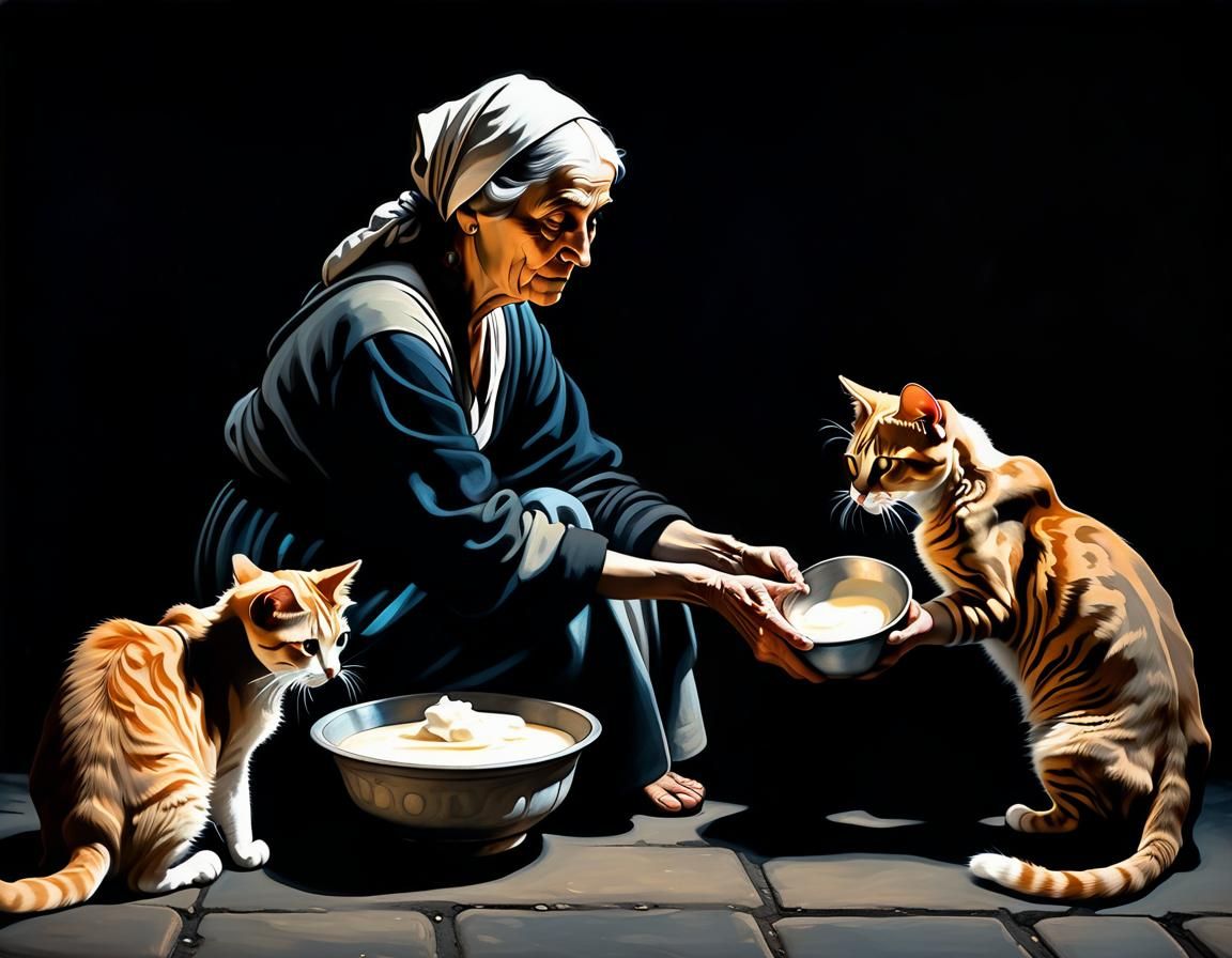 Old woman with a bowl in her hand feeds street cats