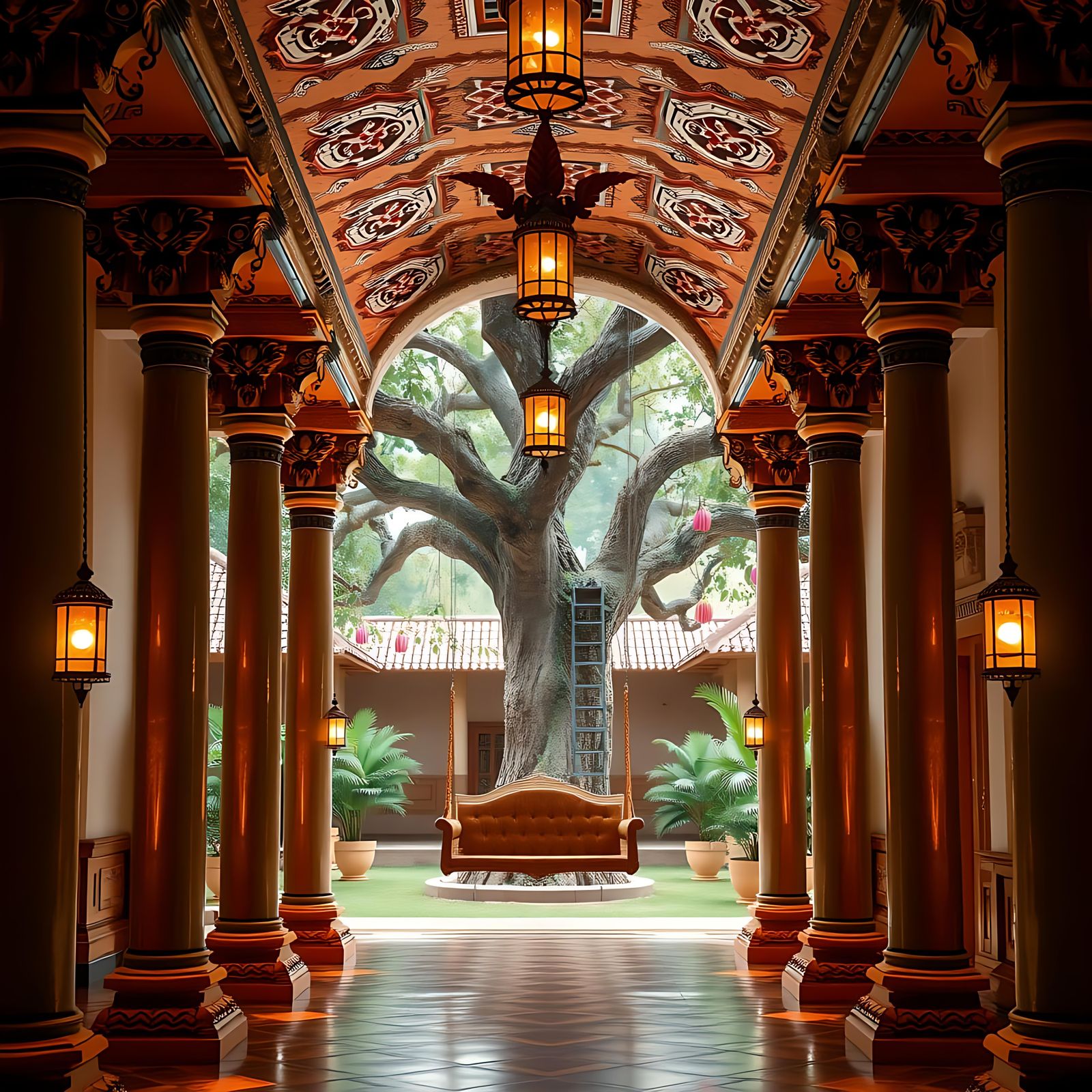 A cinematic shot of a traditional South Indian and Japandi style interior design