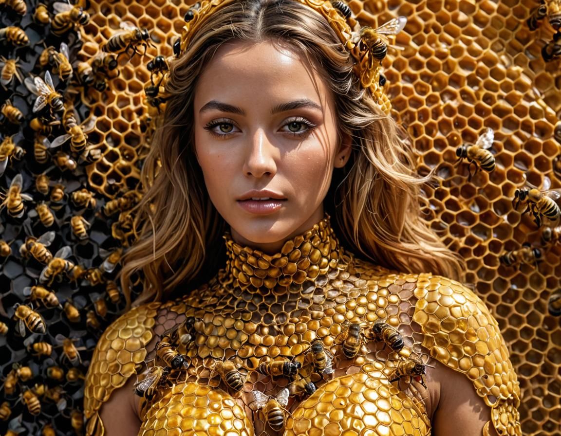 Exotic Queen Bee with Honeycomb Dress, Hyperrealistic Portra...