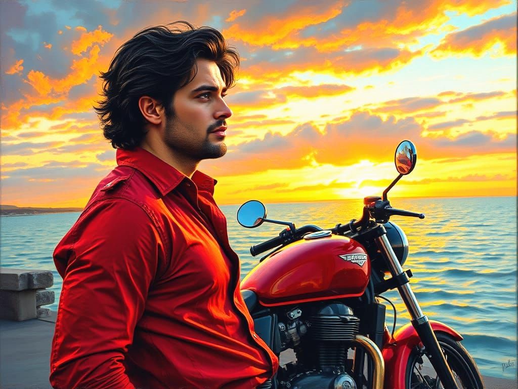Handsome Man in Red Shirt by the Sea at Sunset