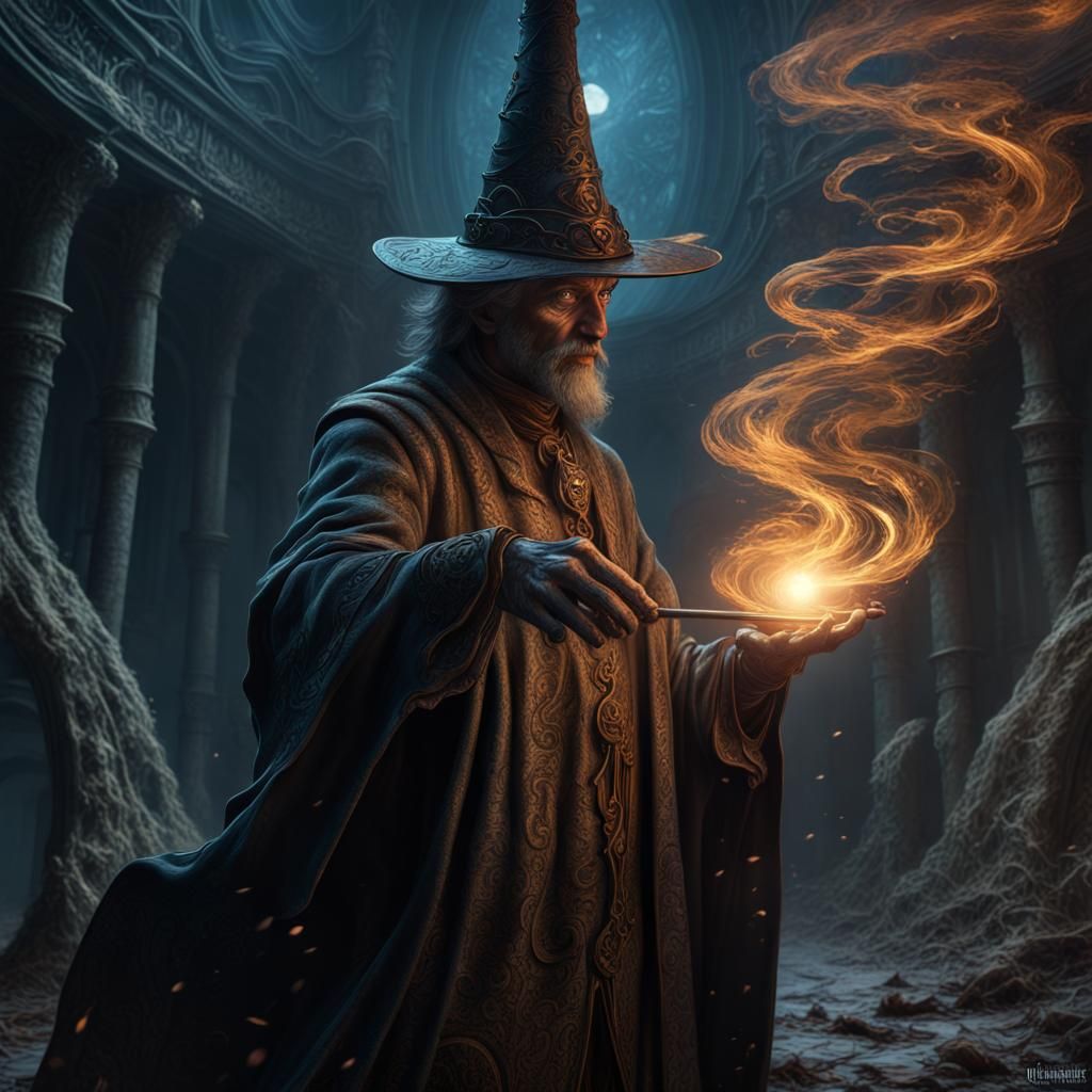 Sorcerer casting spell with wand
