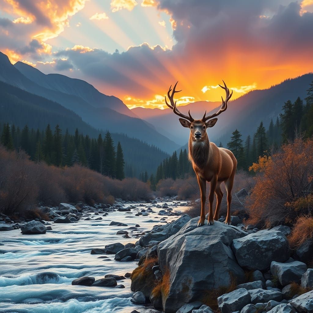 Majestic Stag in Sunset Landscape with Serene Mountains and ...