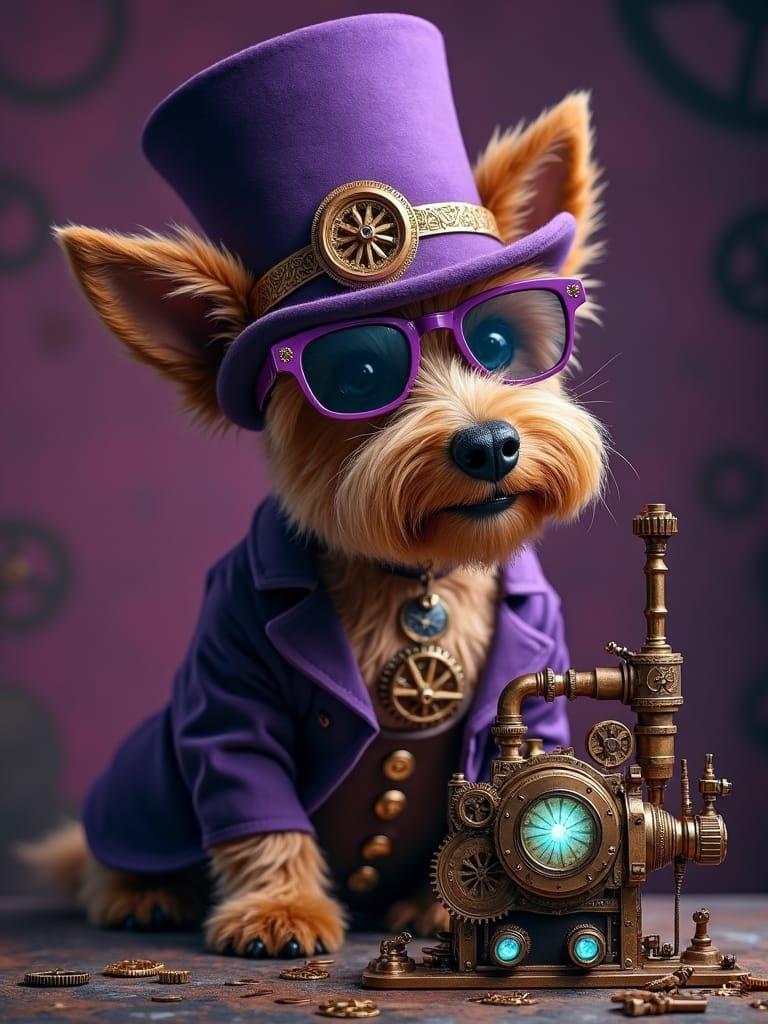 Steampunk Dog with Purple Hat and Sunglasses