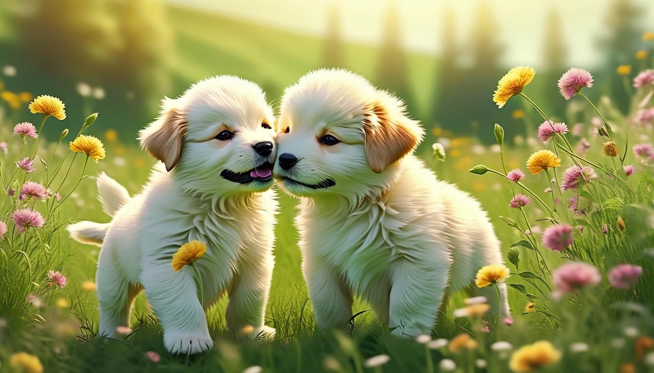 Playful Puppies in a Sunny Meadow, Whimsical Digital Art