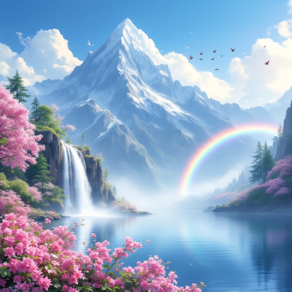 Serene Mountain Landscape with Rainbow Mist