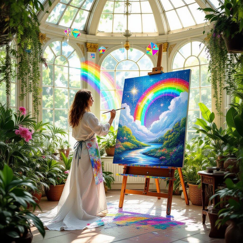 Rainbow Painter in Ethereal Conservatory: Digital Art