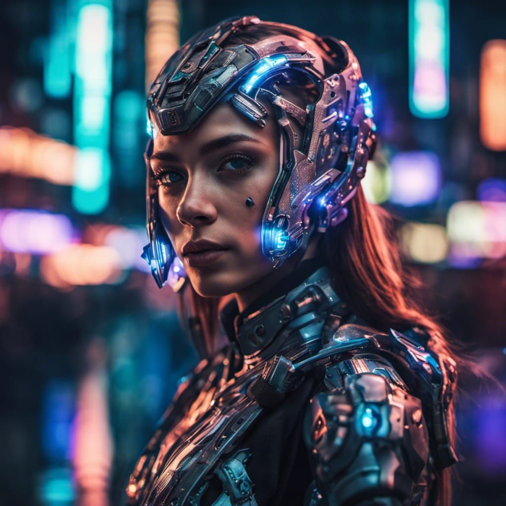 Cyborg Girl in Neon City: Hyperrealistic Portrait
